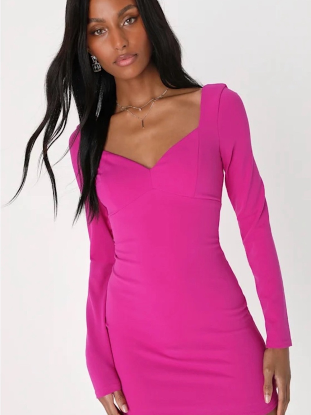Lulu's Magenta Sweetheart Neckline Long Sleeve Mini Dress